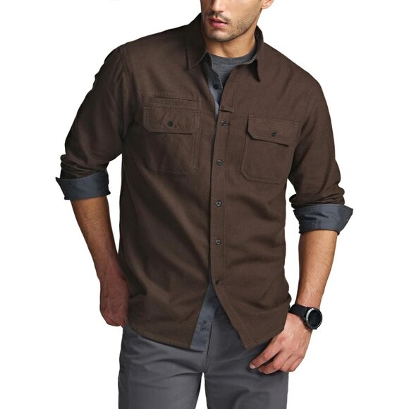 Mens Dark Brown Mood Cotton Flannel Shirt Long Sleeve Casual Outdoor Plaid - Picture 2 of 9
